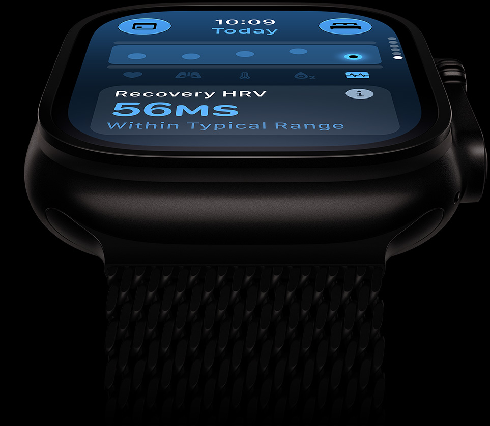 Apple Watch Ultra 4, titanium case, black colour, HRV within typical range, titanium Milanese Loop strap, black colour