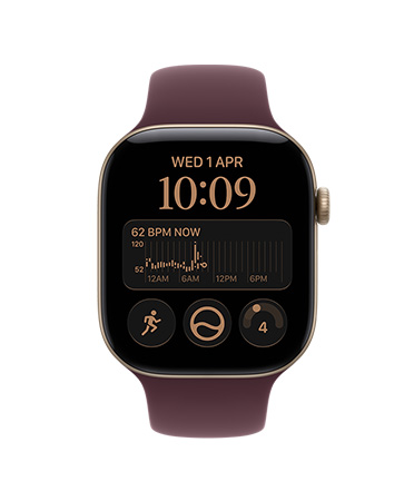 Apple Watch Series 12, screen shows heart rate app, health and fitness icons, aluminium case, light gold colour, connected to Sport Band, burgundy colour