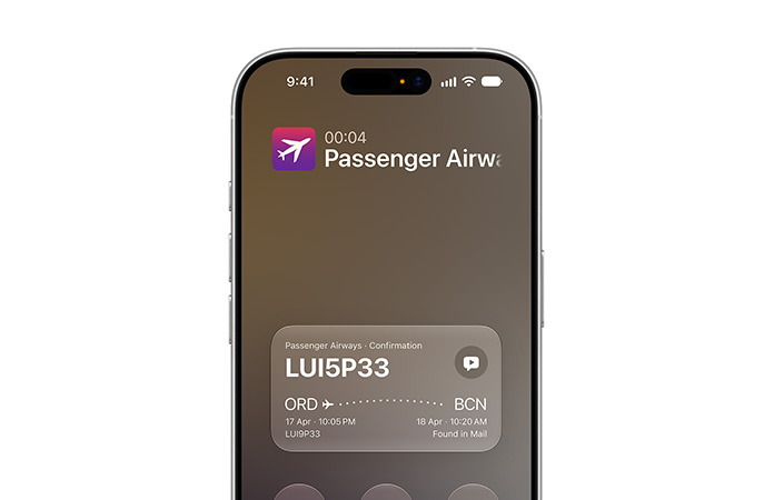 iPhone 17, displaying Call Context feature powered by Apple Intelligence. Screen shows airline confirmation details while on a call