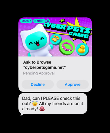 Screen showing text message with cyberpetsgame.net screengrab, Decline and Approve buttons under graphic, message text, Dad, can I please check this out, all my friends are on it already