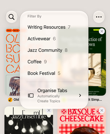 iPhone Safari browser, displaying the Filter menu with categories like Writing Resources, Activewear, Jazz Community, Coffee, and Book Festival, with Automatically Organize option selected