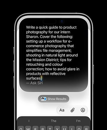 iPhone 17 showing detailed typed prompt for Write with Siri to create a draft