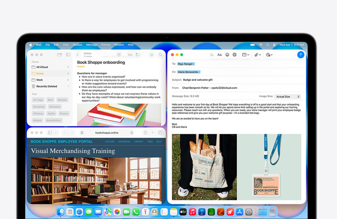 MacBook Neo, indigo color, screen shows composing a welcome email to new employee of bookstore, other tiled windows contain Notes doc about onboarding and bookstore's employee portal website in Safari