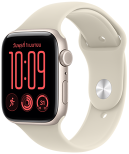 Apple Watch SE 3, aluminum case, starlight color, right side exterior, Digital Crown dial, microphone, side button, connected to Sport Band, sand color (pale tan), pin-and-tuck closure (silver pin)
