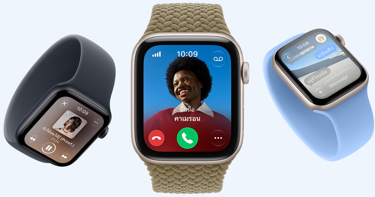 Apple Watch SE 3 devices, screens show Apple Music, incoming call, Messages, aluminum cases, starlight and midnight colors, bands: Solo Loop, navy blue, wildflower blue colors, Braided Solo Loop, olive color (earthy green)