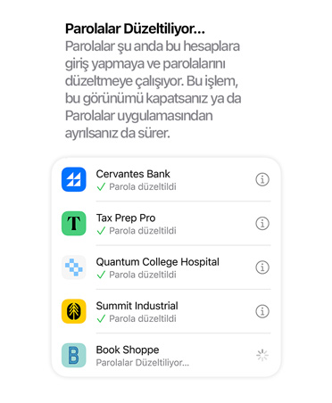 Parolalar uygulaması parolaları gözden geçiriyor ve bunları güvenlik açısından güvenliği artırılmış veya riskli parolalar olarak işaretliyor.