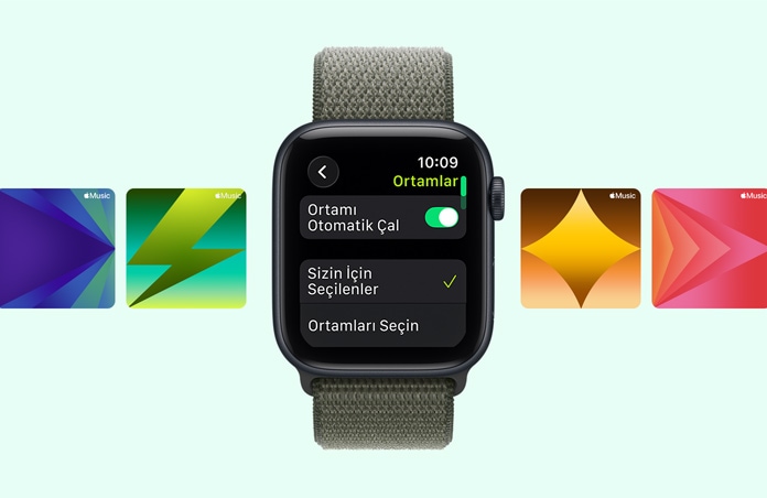 Apple Watch SE 3, alüminyum kasa, gece yarısı renk, Apple Music antrenman çalma listesi önerileri, kordon, Spor Loop, orman rengi