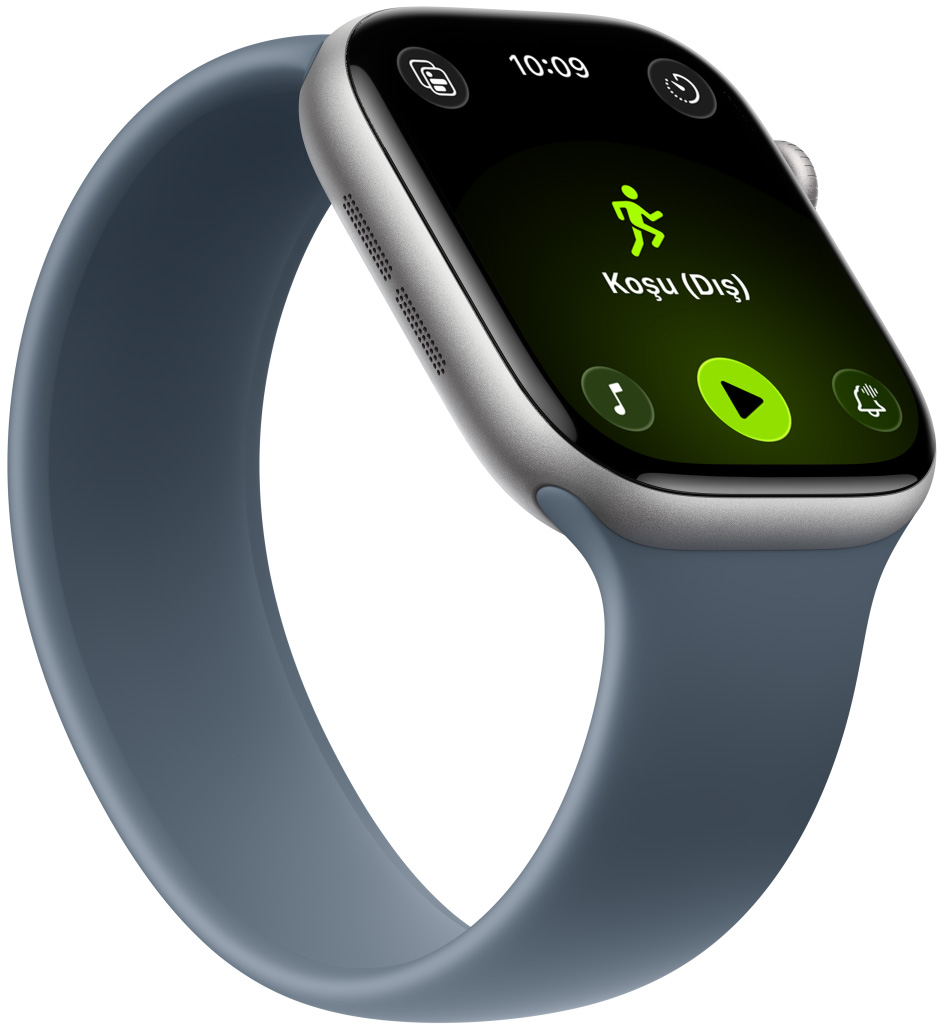 Apple Watch Series 11, parlak simsiyah renk, alüminyum kasa, Antrenman uygulaması, antrenman kartları: Koşu (Dış), Kaykay (Dış), kordon, demir mavisi renkte Solo Loop