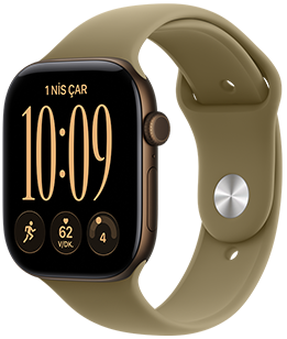 Apple Watch Series 12, alüminyum kasa, koyu bronz renk, Modüler saat kadranı, komplikasyonlar: gün ve tarih, Antrenmanlar, kalp atış hızı, hazır olma, sağ dış görünüm, Digital Crown, yan düğme, Spor Kordon, klasik zeytin yeşili renk