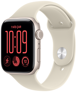 Apple Watch SE 3, alüminyum kasa, yıldız ışığı renk, Modüler saat kadranı, komplikasyonlar: gün ve tarih, Antrenmanlar, Aktivite halkaları, sıcaklık, sağ dış görünüm, Digital Crown, yan düğme, Spor Kordon, kum beji renk