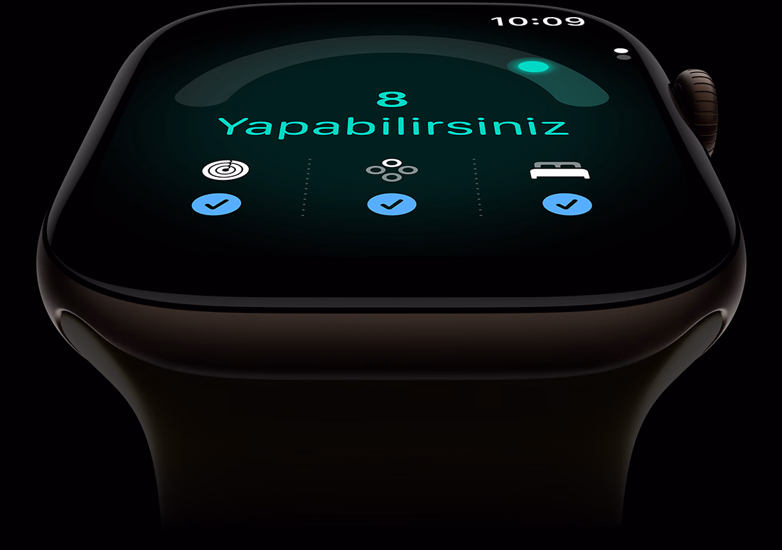 Apple Watch Series 12, alüminyum kasa, koyu bronz renk, hazır olma skoru 8, sağ dış görünüm, Digital Crown, Spor Kordon, klasik zeytin yeşili renk