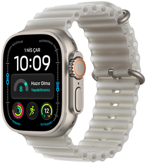 Apple Watch Ultra 4, titanyum kasa, natürel renk, dijital saat kadranı, komplikasyonlar: gün ve tarih, hazır olma, kalp atış hızı, Antrenmanlar, sıcaklık, sağ dış görünüm, Digital Crown, çıkıntılı yan düğme, Ocean Kordon, buzlu gri renk
