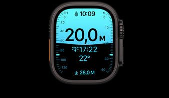 Apple Watch Ultra 4, titanyum kasa, siyah renk, dalış ölçümlerini gösteren Derinlik uygulaması, sağ dış görünüm, Digital Crown, çıkıntılı yan düğme