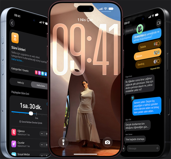 Siri AI - solda iPhone 18 Pro, arkadan görünüm, Buzul rengi ekranında Siri ile görsel oluşturma özelliği gösteriliyor; ortada Burgonya iPhone 18 Pro, kilit ekranı görünüyor; sağda iPhone 18 Pro Max, siyah, ekranında birbirini tamamlayıcı masa örtüsü seçenekleri hakkında Siri’ye Sor isteği gösteriliyor