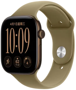 Apple Watch Series 12，展示深古銅色鋁金屬錶殼，搭配橄欖色運動型錶帶，螢幕顯示組合錶面與多項複雜功能，包括日期、跑步體能訓練、心率、準備指數，右側外觀展示數位錶冠、側邊按鈕
