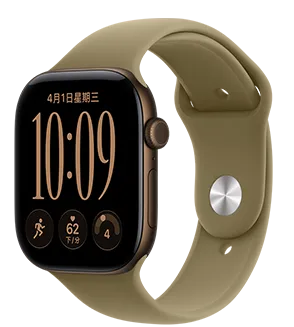 Apple Watch Series 12，展示深古銅色鋁金屬錶殼，搭配橄欖色運動型錶帶，螢幕顯示組合錶面與多項複雜功能，包括日期、跑步體能訓練、心率、準備指數，右側外觀展示數位錶冠、側邊按鈕