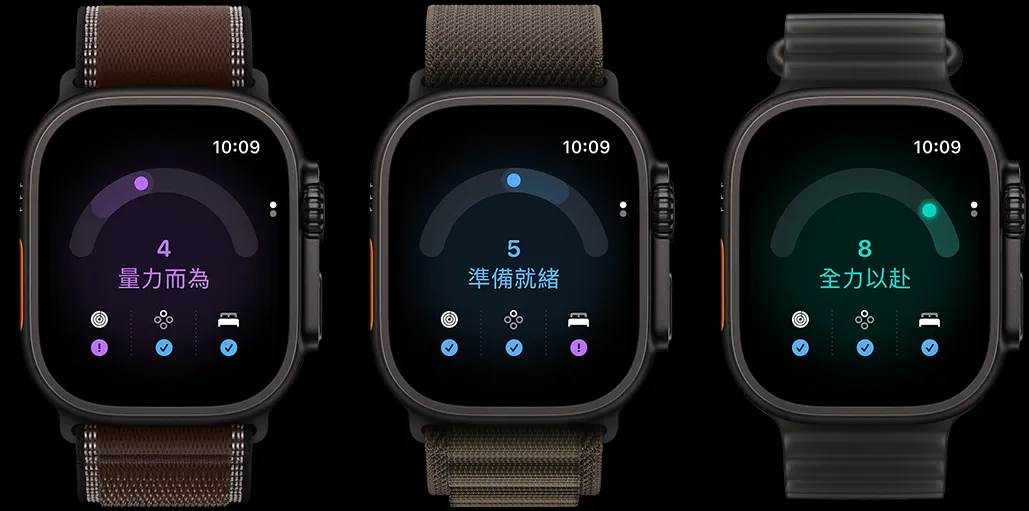 三部 Apple Watch Ultra 4 裝置：黑色鈦金屬錶殼搭配深土棕色越野錶環，準備程度為 4；黑色鈦金屬錶殼搭配深橄欖色高山錶環，準備程度為 5；黑色鈦金屬錶殼搭配半透明黑色海洋錶帶，準備程度為 8