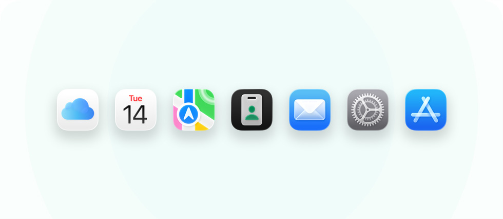 一系列商務相關的 app 與工具，包括 iCloud、行事曆、地圖、Apple 商務、郵件、設定與 Apple Store。