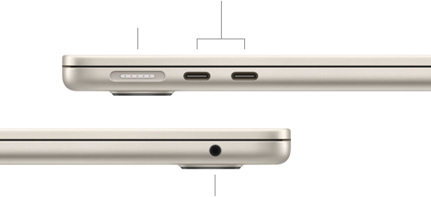 Закритий MacBook Air, вигляд зліва, показано порт MagSafe і два порти Thunderbolt, вигляд справа, показано порт для навушників