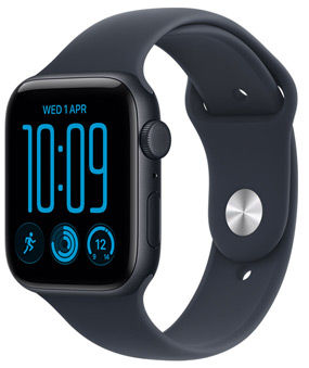 Apple Watch SE 3, aluminum case, midnight color, right side exterior, Digital Crown, microphone, side button, Sport Band, black color, pin-and-tuck closure (silver color pin)