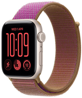 Apple Watch SE 3, aluminum case, starlight color, right side exterior, Digital Crown dial, microphone, side button, connected to Sport Loop band, magenta color, hook-and-loop fastener