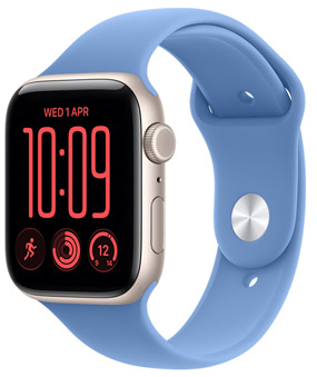 Apple Watch SE 3, aluminum case, starlight color, right side exterior, Digital Crown dial, microphone, side button, connected to Sport Band, wildflower blue color (powder blue), pin-and-tuck closure (silver pin)