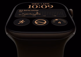Apple Watch Series 12, aluminium case, dark bronze colour, Modular watch face, complications: day and date, Workouts, Activity rings, Apple Music, right side exterior, Digital Crown, Sport Band, olive colour