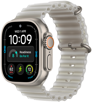 Apple Watch Ultra 4, titanium case, natural colour, Modular watch face, complications: day and date, readiness, heart rate, Run workout, Weather, right side exterior, Digital Crown, raised side button, Ocean Band, translucent grey colour