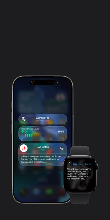 Aktív Élő hallgatás egy iPhone 17 Pro képernyőjén az észlelt hanghoz generált felirattal, valamint egy Apple Watch Series 11, melynek képernyőjén az Élő feliratok ugyanazokat az elhangzottakat leírva jeleníti meg