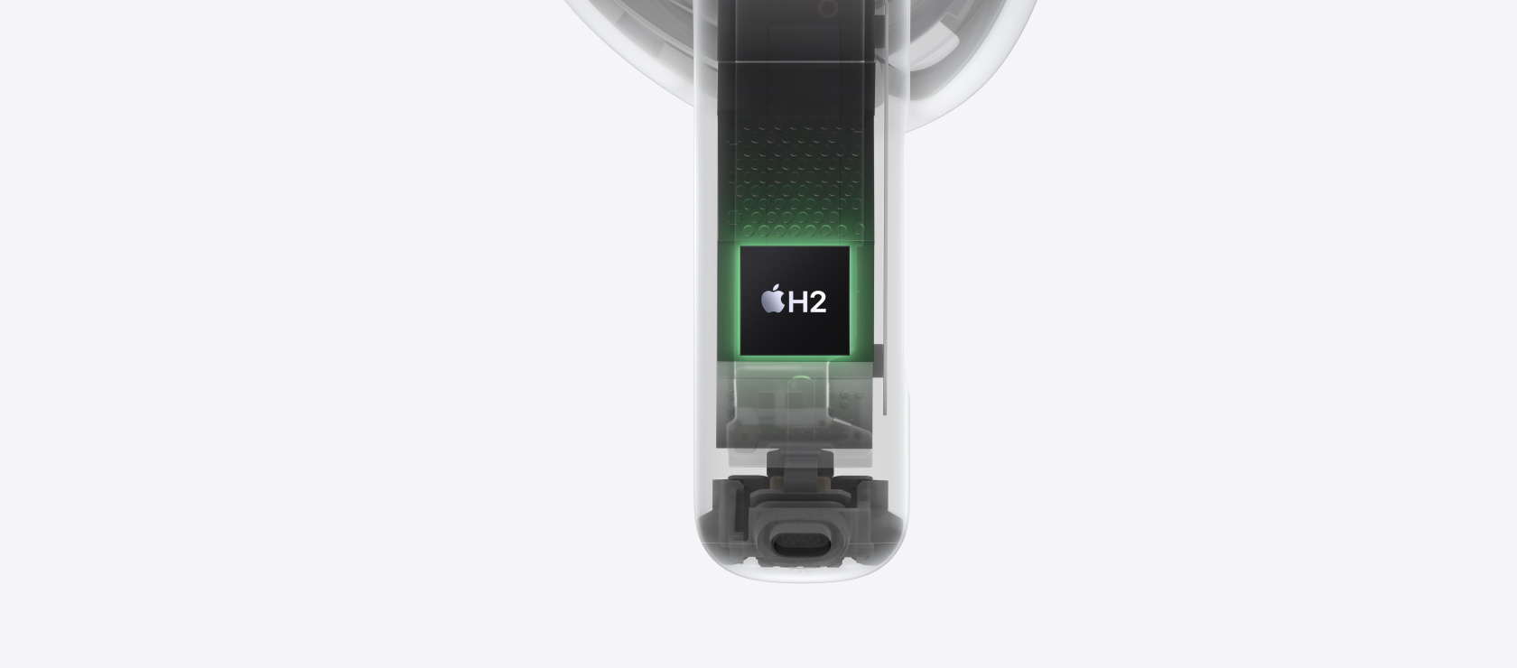 Architecture interne des AirPods 5, puce H2 mise en évidence à l’intérieur de la tige