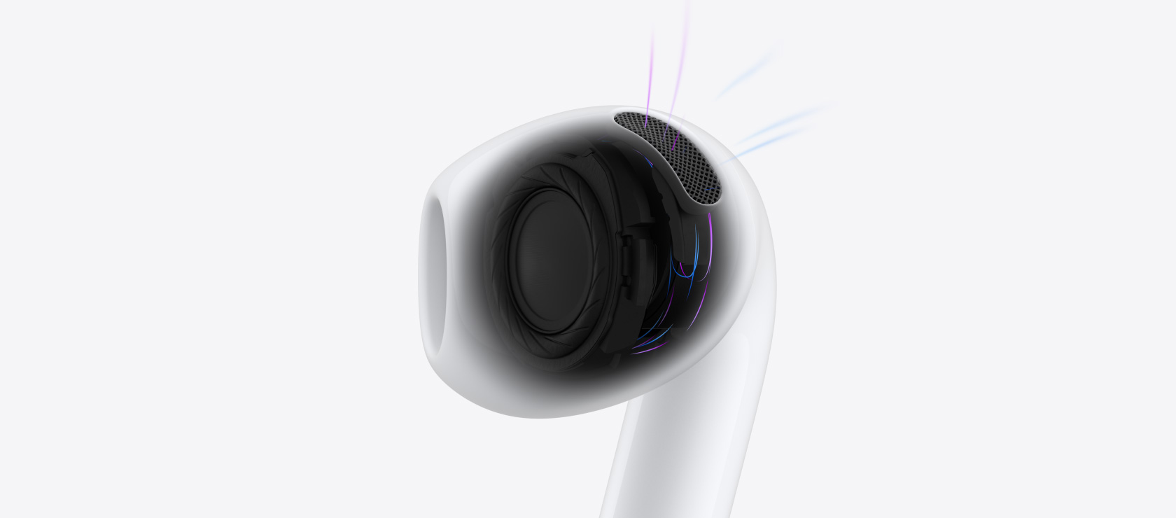 Architecture interne des AirPods 5, avec des lignes bleues indiquant l’entrée de l’air et du son dans l’écouteur