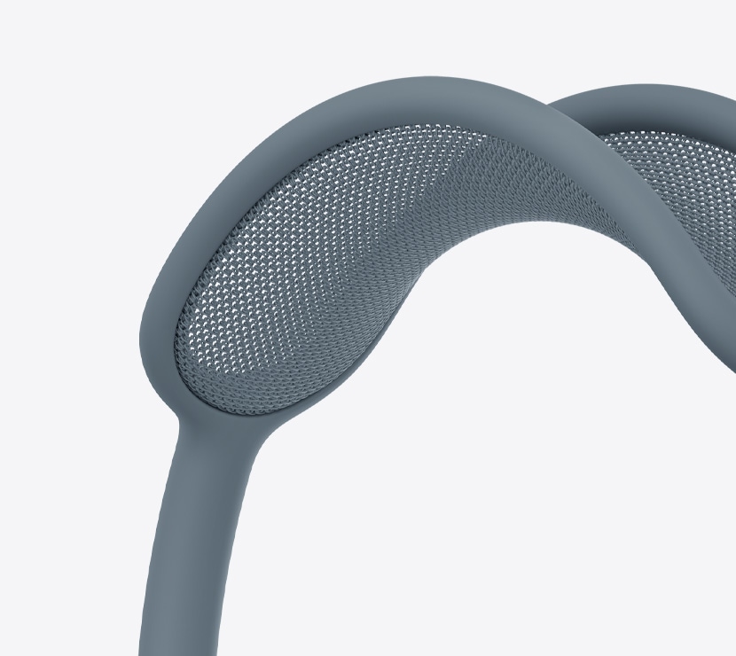 AirPods Max 2 koptelefoon, kleur blauw, detail van netstof aan de hoofdband
