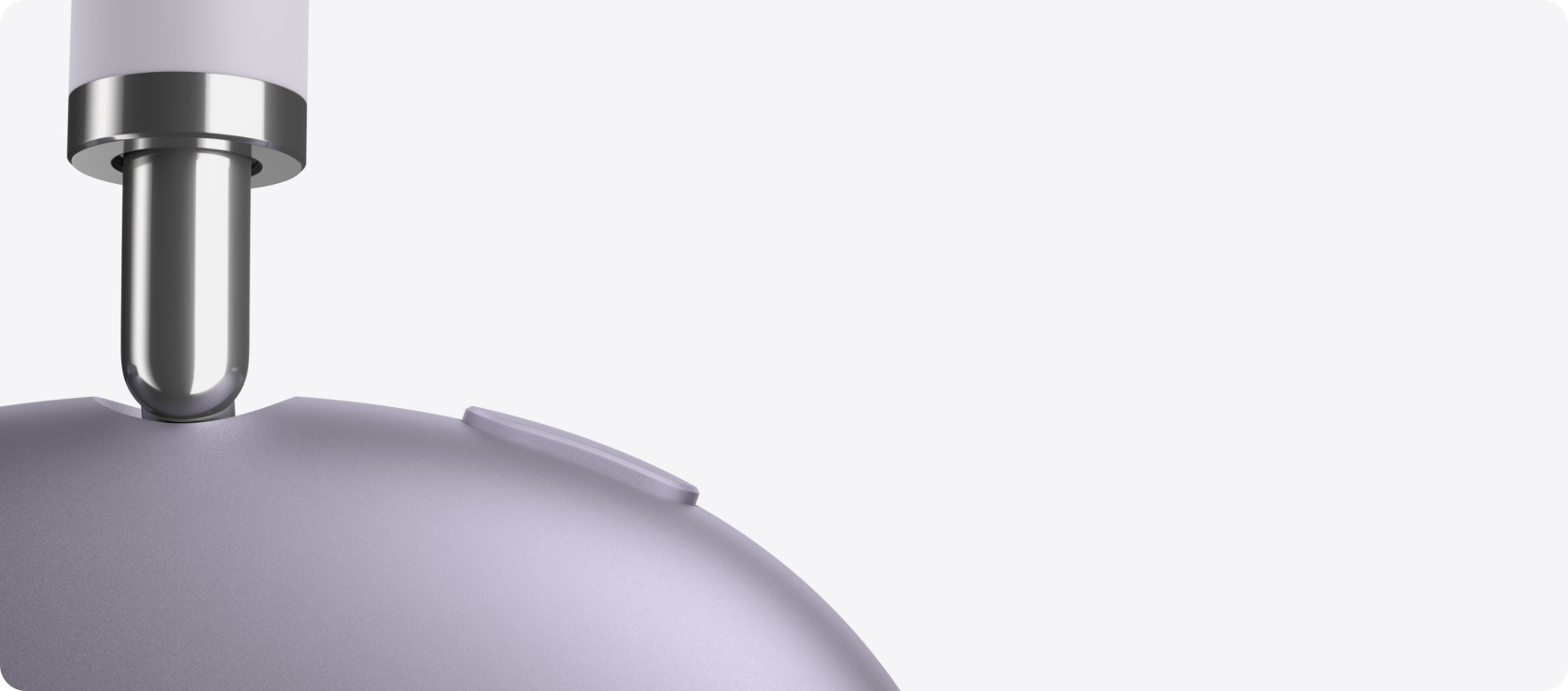 AirPods Max 2 koptelefoon, zijkant, detail van uitschuifbare arm, oorkussen, knop voor geluidsbeheersing