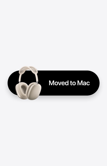 AirPods Max 2 in de kleur sterrenlicht met de tekst Verplaatst naar Mac als aanduiding van Automatisch Wisselen