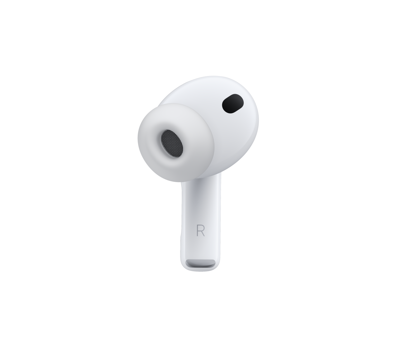 AirPods Pro 3, bílá barva, mikrofon na potlačování hluku, silikonový špunt, krátká stopka s písmenem R