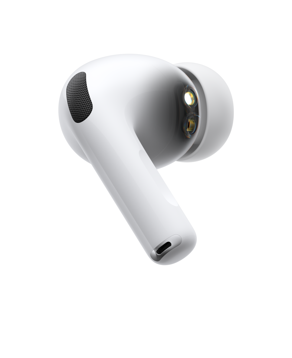 AirPods Pro 3, bezdrátové sluchátko, bílá barva, pohled z boku, krátká trubicovitá stopka, pulzující vlna