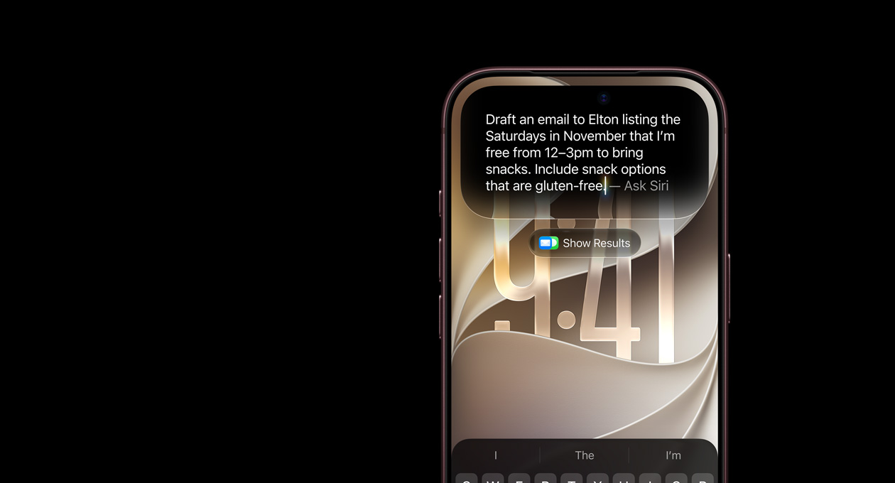 iPhone&nbsp;18 Pro, Burgonya rengi, ekranda Siri’ye Sor yazısının yer aldığı bir istem gösteriliyor, Elton’a kasım ayı boyunca 12:00-15:00 arasında müsait olduğum cumartesi günlerini yazıp atıştırmalık getirebileceğimi söylediğim bir mail taslağı oluştur. Glutensiz atıştırmalık seçenekleri ekle