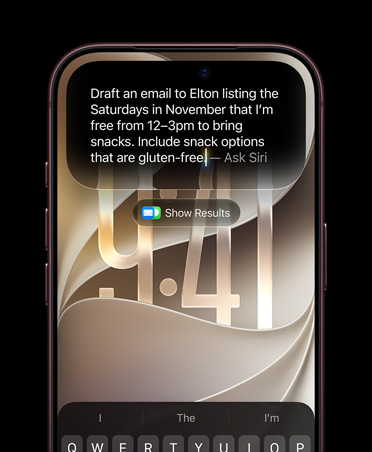 iPhone&nbsp;18 Pro, Burgonya rengi, ekranda Siri’ye Sor yazısının yer aldığı bir istem gösteriliyor, Elton’a kasım ayı boyunca 12:00-15:00 arasında müsait olduğum cumartesi günlerini yazıp atıştırmalık getirebileceğimi söylediğim bir mail taslağı oluştur. Glutensiz atıştırmalık seçenekleri ekle