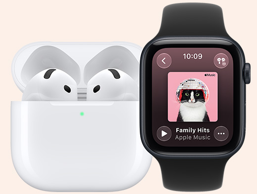 AirPods in MagSafe Charging Case, open, rounded corners, green charge indicator light, Apple Watch SE 3, aluminum case, midnight color, Apple Music app, playlist cover art, Sport Band, black color