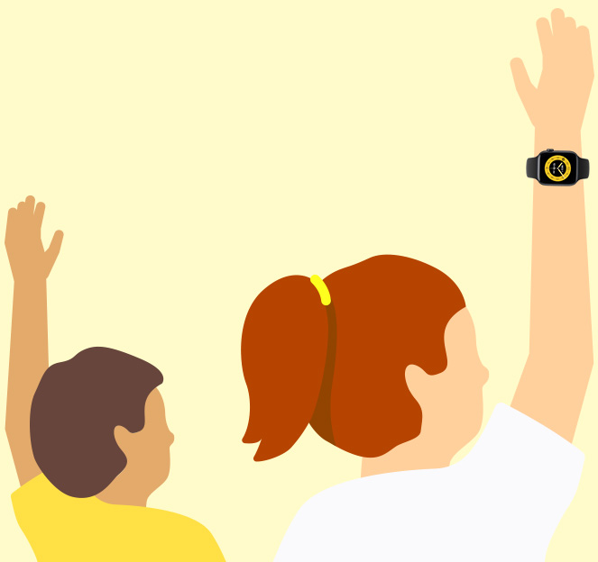 Kuva koulussa viittaavasta lapsesta, jolla on ranteessaan Apple Watch SE 3