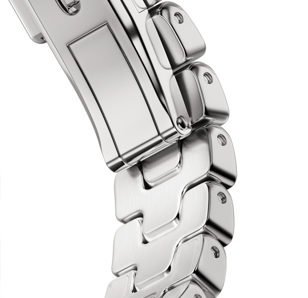 Apple Watch Hermès Series 12，配搭 Satiné 緞灰色 Grand H 錶帶，金屬錶扣可快速卸除