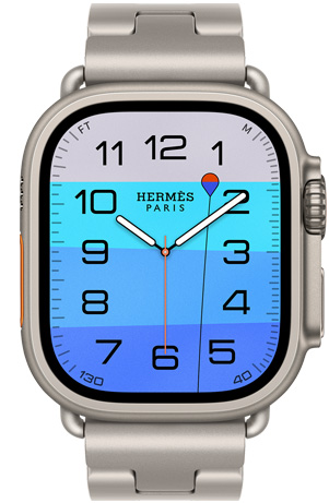 Apple Watch Hermès Ultra 4, esfera analógica Fathom and Wonder (aguja horaria, minutero y segundero, complicación Profundidad, con una boya naranja que flota sobre un océano turquesa con un degradado de azul claro a oscuro), caja de titanio, color natural, lateral derecho, Digital Crown, botón lateral elevado, con la correa Grand H Titane, color Gris Titane