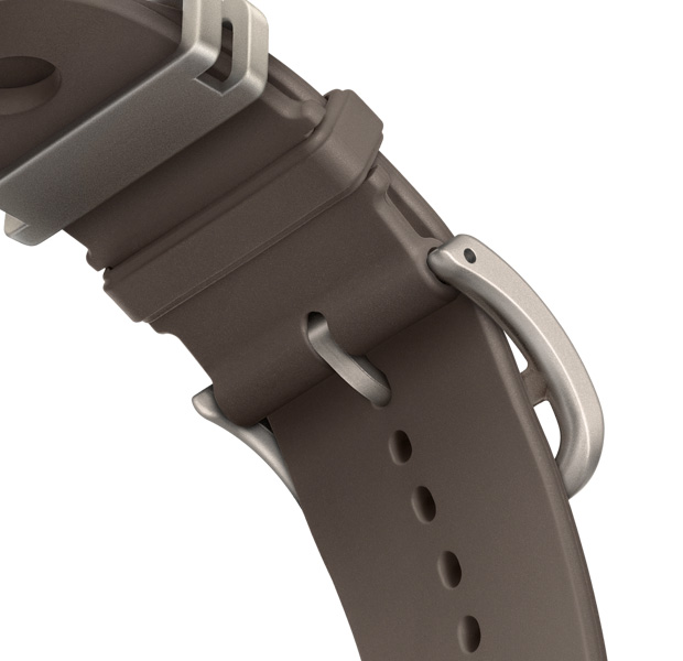 Apple Watch Hermès Ultra 4，配搭 Gris Titane 鈦灰色 Scub'H Diving 錶帶，展示錶扣的底部細節，以順滑的模造橡膠製成，中間有圓形開口位