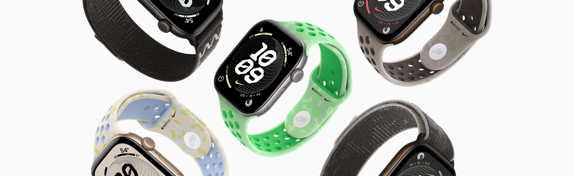 Plusieurs Apple Watch, différents bracelets et cadrans Nike