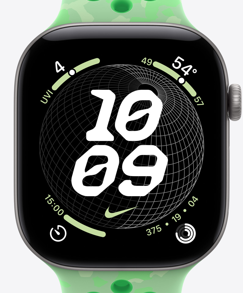 Cadran Nike Globe, heure, logo Nike Swoosh, complications : indice UV, météo, minuteur, anneaux Activité