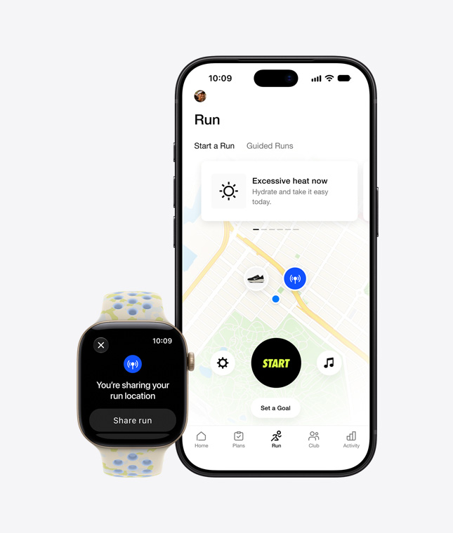 Apple Watch Series 12, location sharing screen, aluminum case, light gold color, connected to Nike Sport Band, chalk calm color (creamy white, subtle pattern of yellow shapes, pale blue on reverse, circular perforations), paired with iPhone 18 Pro, Nike Run Club app maps outdoor run