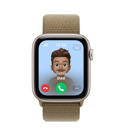 Apple Watch SE 3, screen shows incoming call from Dad, aluminum case, starlight color, connected to Sport Loop band, olive color (light brownish-green)