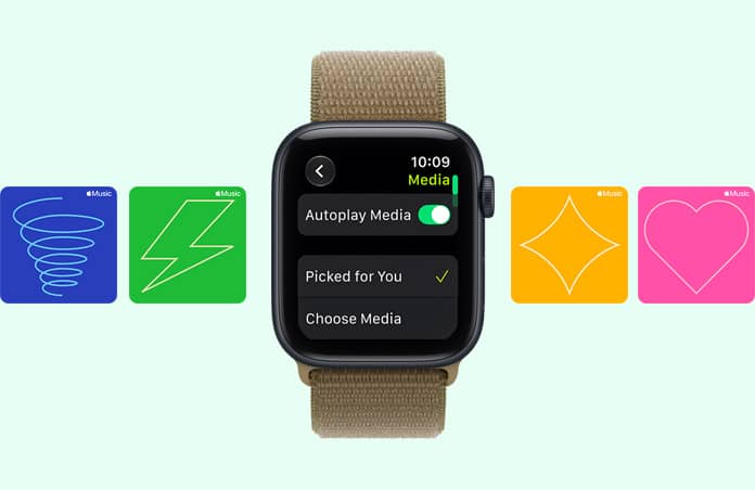 Apple Watch SE 3, hliníkové pouzdro, temně inkoustová barva, na obrazovce přehrávač médií, na pravém boku korunka Digital Crown, provlékací sportovní řemínek, olivová (zemitě zelená) barva, na pozadí grafické prvky z Apple Music tvořené ilustrovanými víry, bleskem, diamantem a srdcem