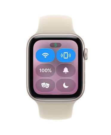 Apple Watch SE 3, hliníkové pouzdro, hvězdně bílá barva, Ovládací centrum, ikona pro přehrání zvuku na iPhonu, na pravém boku korunka Digital Crown, sportovní řemínek, mlžně fialová barva