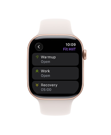 Apple Watch Series 11, rose gold color, aluminum case, Workout app, Custom Workout card, band, light blush Sport Band